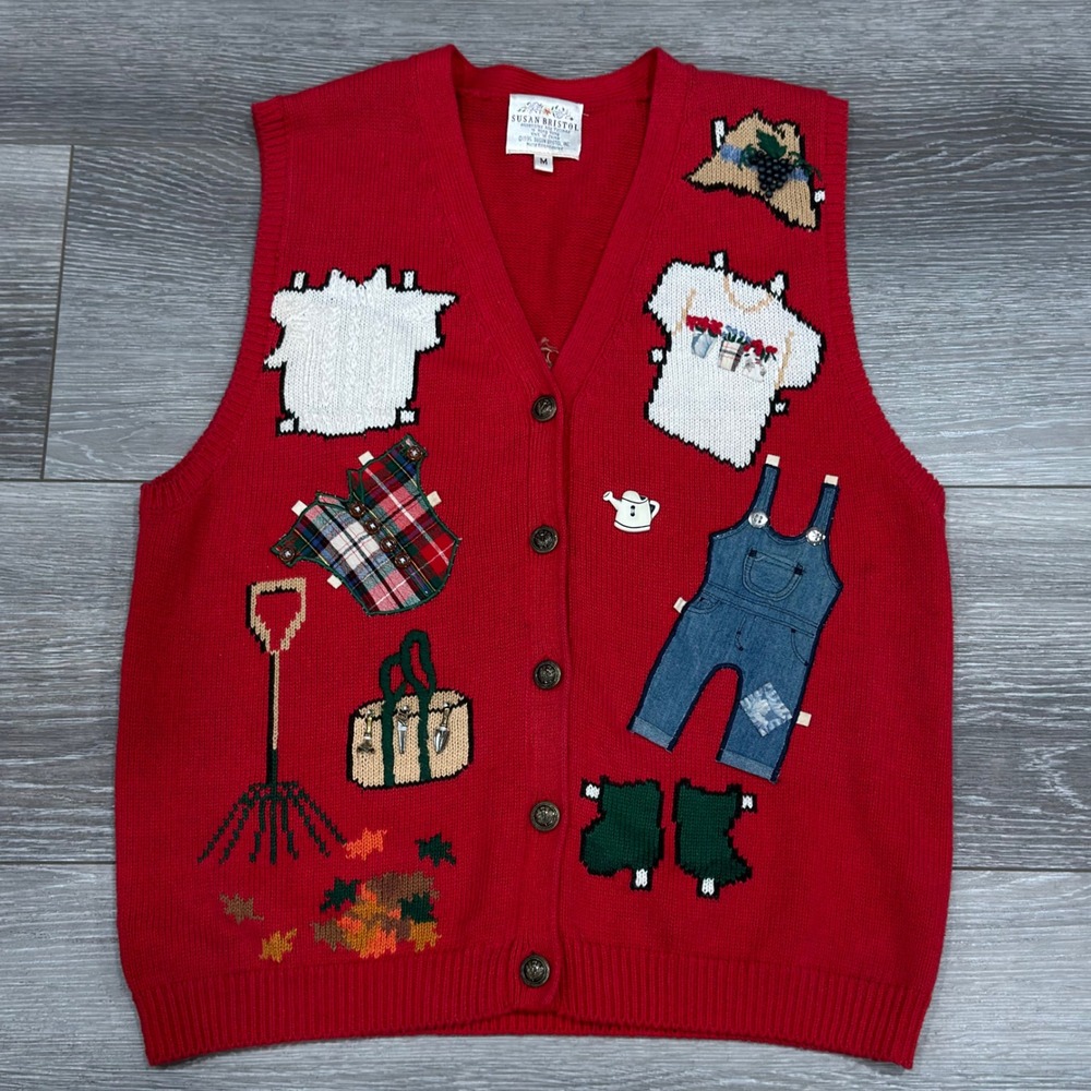 Vintage Susan Bristol Sweater Vest Womens M Red Gardening 1995 Fall‎ Appliqués